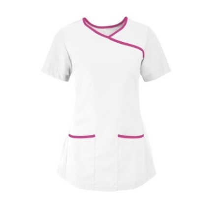 Women's Stretch Scrub Tunic (White With Pink Trim) - NF43