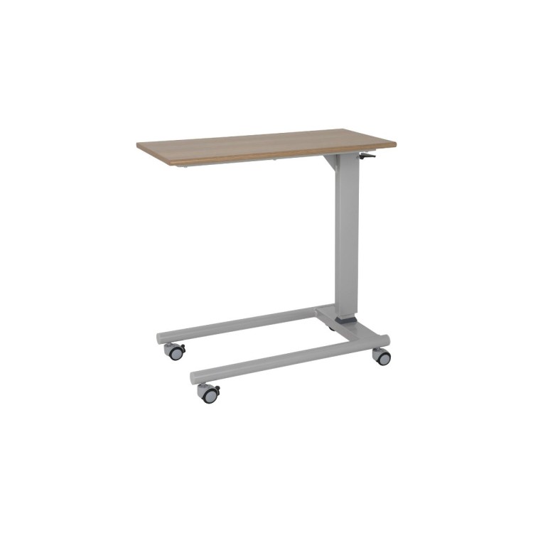 Alerta Gas Lift Overbed Table, Walnut Finish, Straight Leg Base with Braking Castors