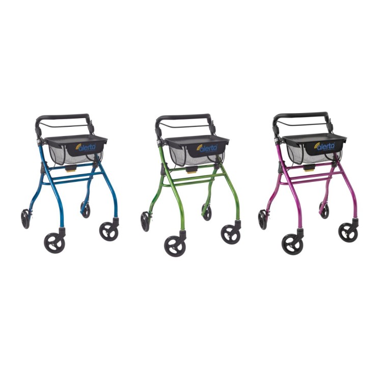 Alerta Four-Wheel Aluminium Lightweight Indoor Rollator, Compact, Foldable Rollator with Tray and Basket